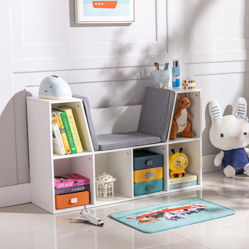 Bibliothèque 6 casiers avec coin lecture et coussin, rangement pour enfants polyvalent