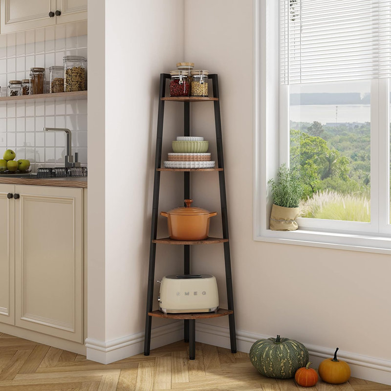 Tablette d'angle, bibliothèque d'angle à 4 niveaux, étagère d'angle rustique, étagère de présentation industrielle pour salon, cuisine, bureau personnel, balcon, petit espace, structure en métal, brun rustique