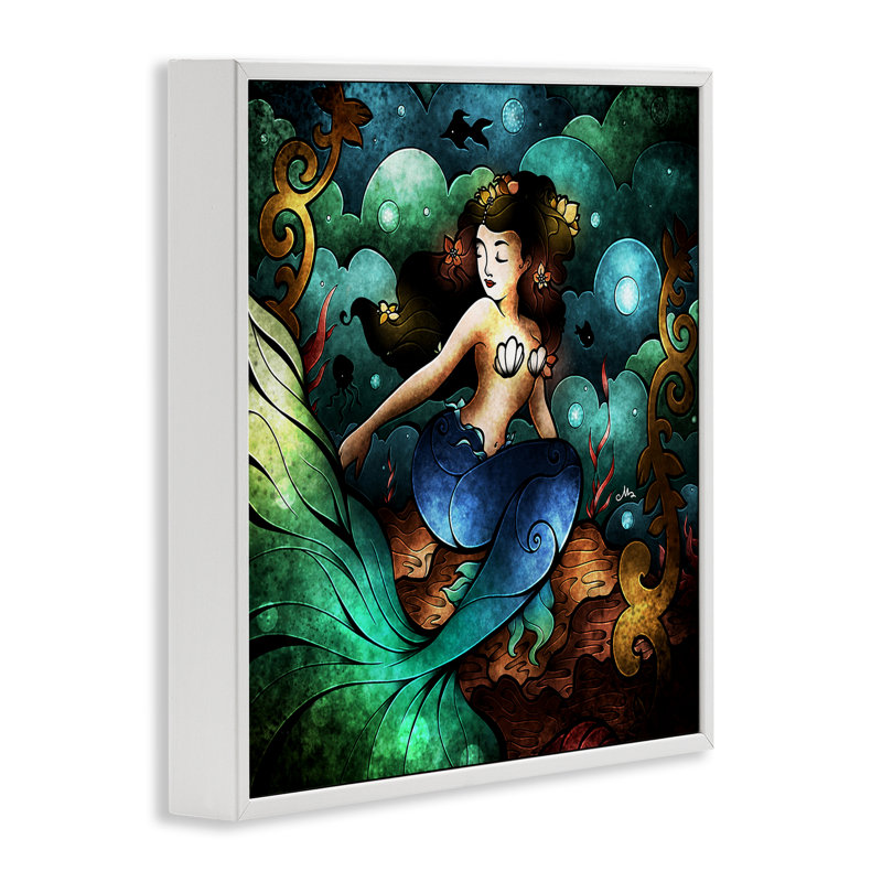 «Vivid Deco Mermaid», dessin de Mandie Manzano, H 12 po x l 12 po, Estampe numérique encadrée blanc bord de mer