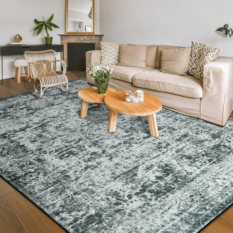 Tapis à motif floral lavable Wymond, Rectangulaire 9 pi x 11 pi