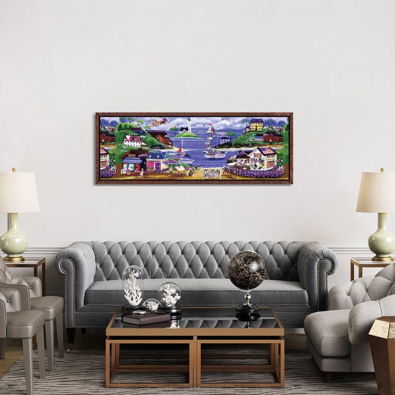 Primitive American Angel And Crazy Quilt Seaside Village by Cheryl Bartley - Panoramic Painting on Canvas