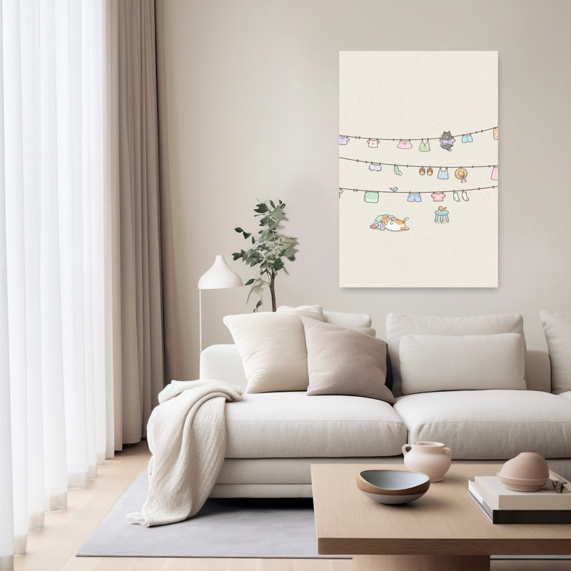 «Whimsical Cat Laundry», impression d'art mural fantaisiste et minimaliste, 60" H x 40" W