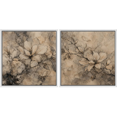 Ensemble de 2 reproductions de sépia antique magnolia à fleurs avec une douce élégance florale neutre encadrée sur toile