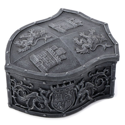 4.92 in L Lion Castle Crest Shaped Trinket Box, Poly Resin