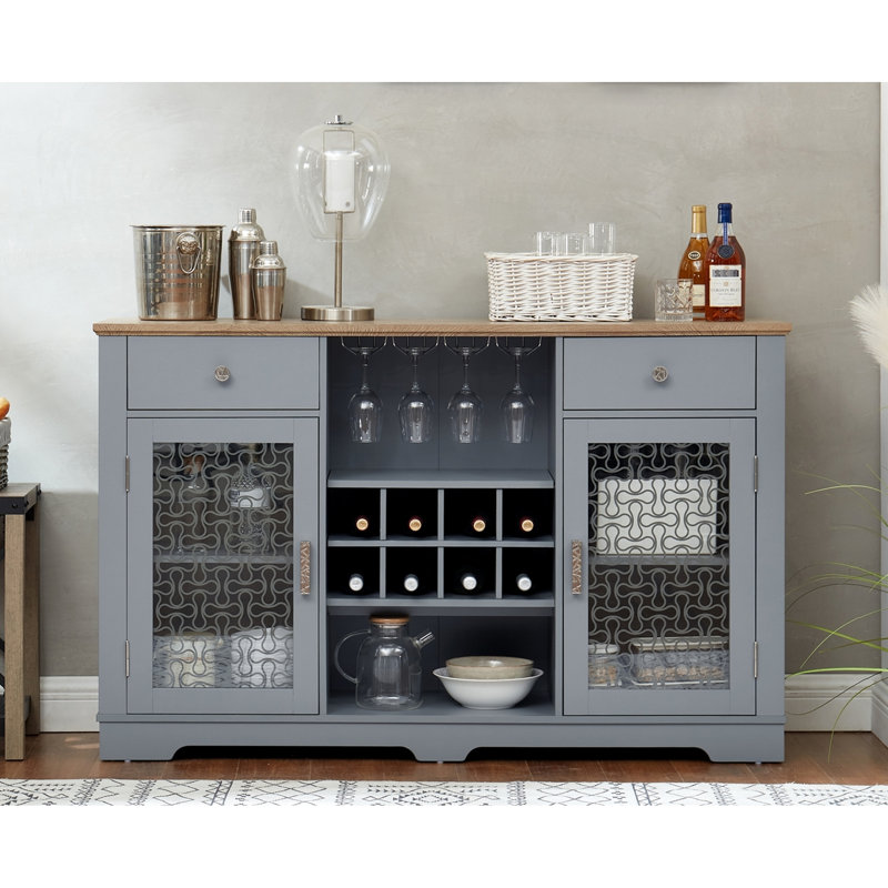 Buffet avec 2 tiroirs, support à vin et à verres, armoires à portes invitantes, pour la cuisine, la salle à manger, la salle à manger avec armoire à café en chêne bleu / bleu, cuisine