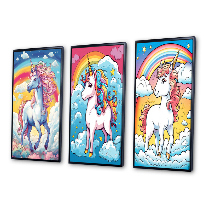«Cute Unicorn And Rainbow II», 3 pièces sur toile, H 32 po x l 48 po, Cadre noir