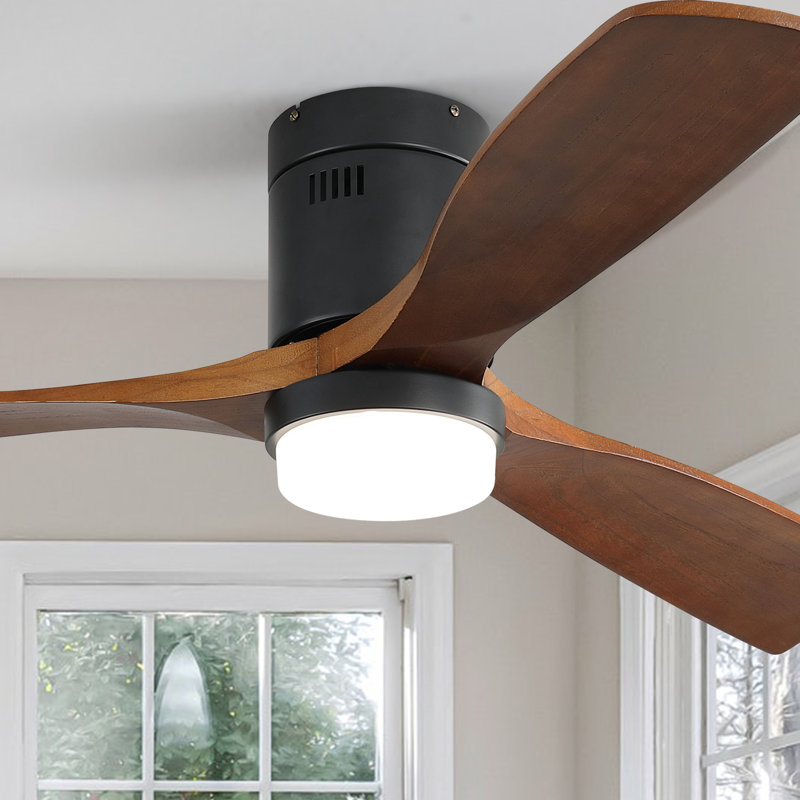 52'' Matte Black and Brown Wood Flush Mount Ceiling Fan with LED Light
