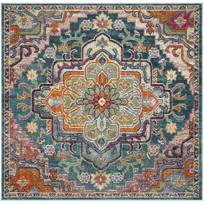 Tapis bleu sarcelle / rose / orange à motif oriental Gonzalez, Carré 4 pi