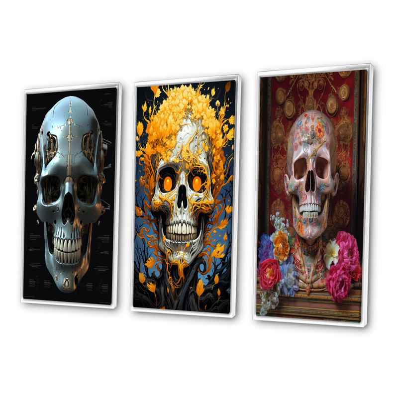 «Happy Cyborg Skull» - ensemble de 3 pièces sur toile, Cadre blanc, H 36 po x l 28 po