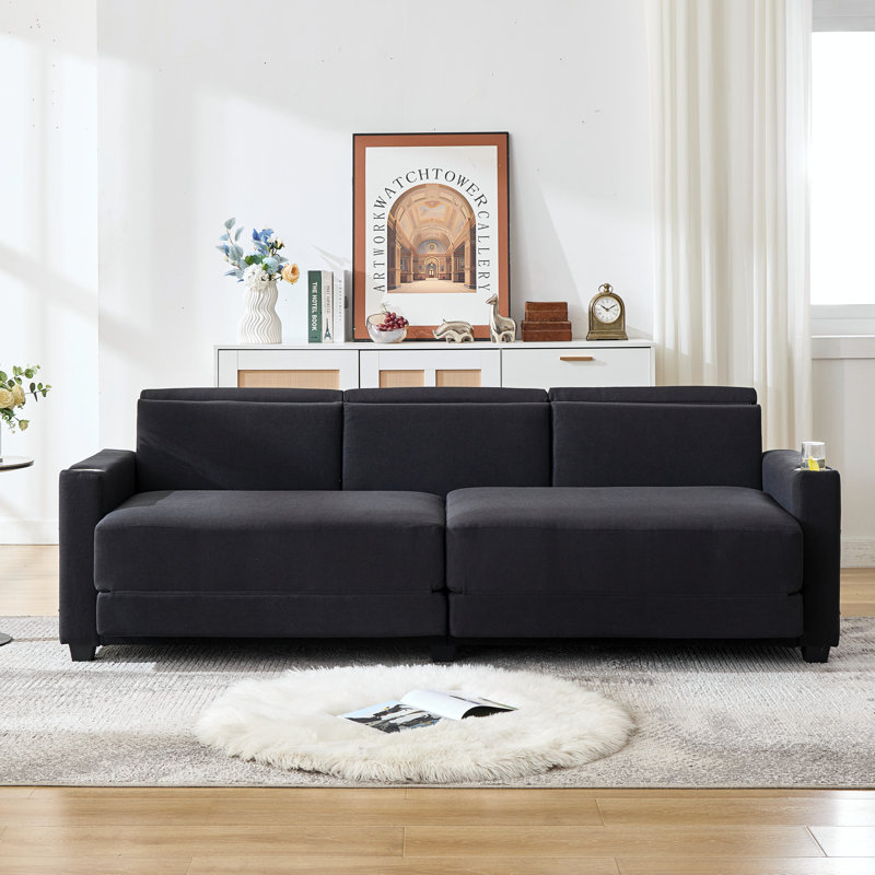 89" Folding 3-Seater Sofa Bed With Cup Holders & Side Pockets, Black