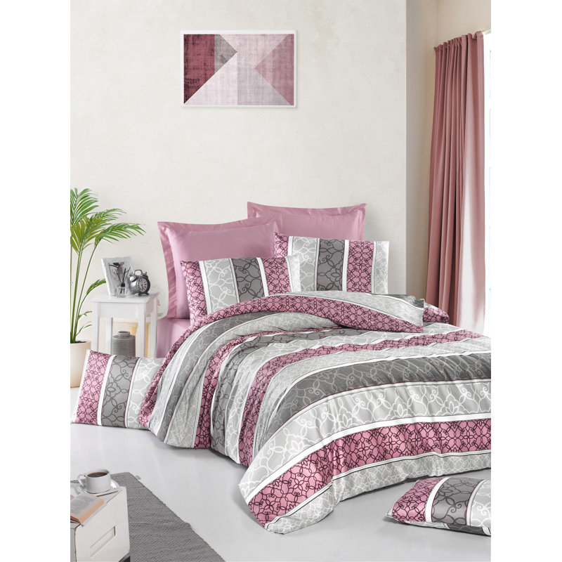 Elegant Satin Quilt Cover Set, Dusty Rose & Grey/White, Duvet Cover & 31.5 x 31.5 inches Pillowcase | 100% Cotton Satin, 210 Thread Count, Machine Washable, Button Closure | Luxurious Bedding Upgrade