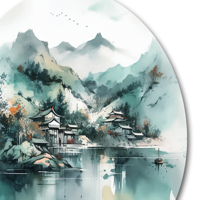 Faded village in the Mountain I - montagnes, rivière, art mural rond en métal, H 23 po x l 23 po x P 1 po