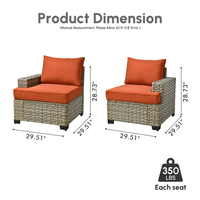 Outdoor Patio Sofa Wicker Modular Sectional Set With Cushions, Orange Red