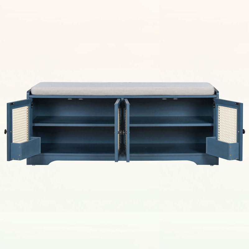 Banc de rangement avec portes en rotin tissé et tablettes réglables pour le vestibule et le salon, Marine antique