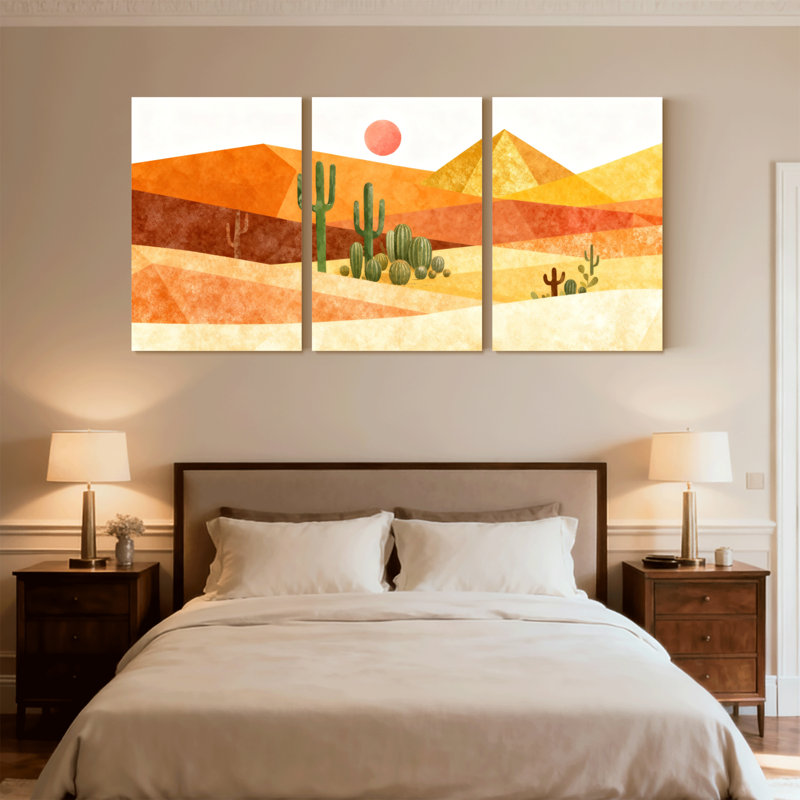 Cactus, paysage désertique avec cactus et montagnes, ensemble de 3 impressions sur toile, H 24 po x l 48 po