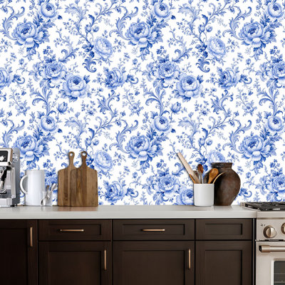 Peel and Stick Wallpaper Vintage French Floral Toile Blue Contact Paper Removable Self Adhesive Wall Mural Wall Decor for Bedroom Kitchen Cabinets 17.7in x 118in