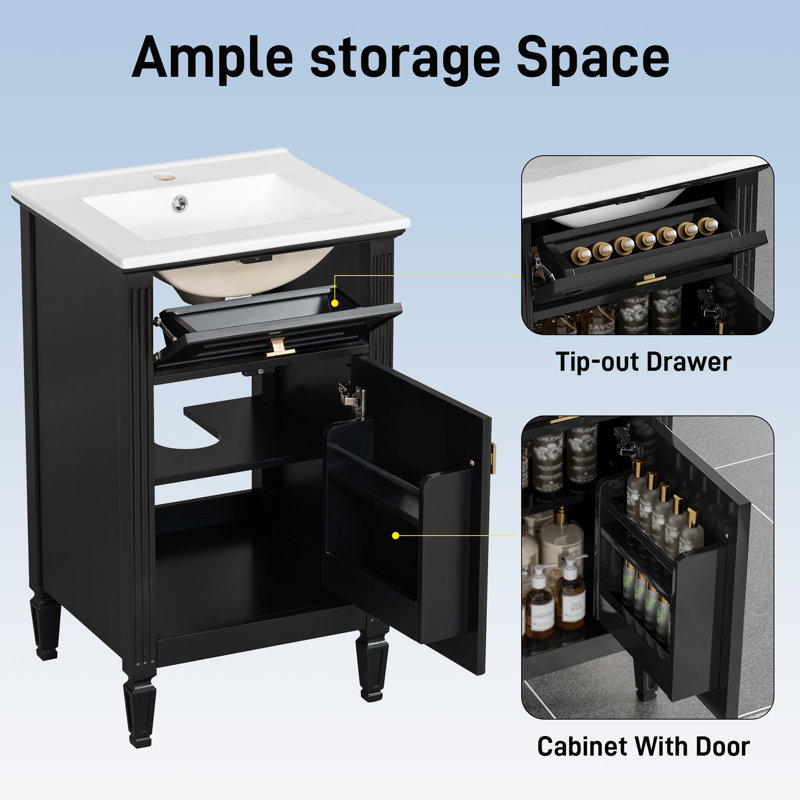 20" Modern Freestanding Single Bathroom Vanity with Sink, Tilt-Out Storage, Solid Wood Legs, Small Bathroom Friendly, Black