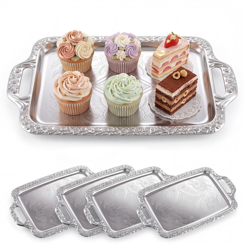 Ensemble de 4 plateaux de service argentés brillants, plateaux rectangulaires en métal alimentaire de 42,4 x 25,7 cm (16,7 x 10,1 pouces) avec double poignée, bords roulés, empilables et lavables au lave-vaisselle, parfaits pour les buffets et les réceptions.