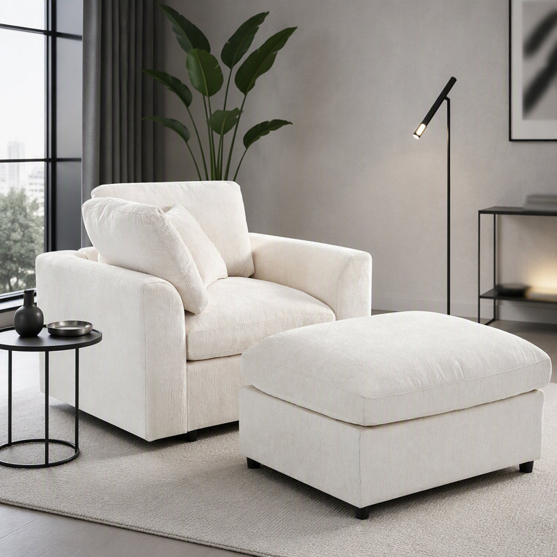 Fauteuil d'appoint en chenille avec repose-pieds, ensemble salon moderne avec structure en bois massif, fauteuil confortable pour salon, chambre et appartement