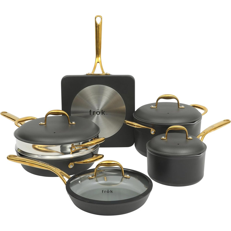 Ensemble de batterie de cuisine antiadhésive en aluminium vert 10 pièces avec poignées dorées Frok, Green