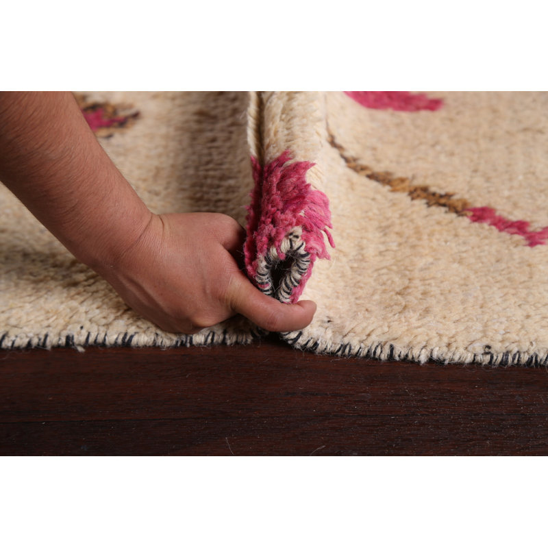 Tapis beige en laine noué à la main de conception unique 6 pi 10 po x 11 pi 0 po