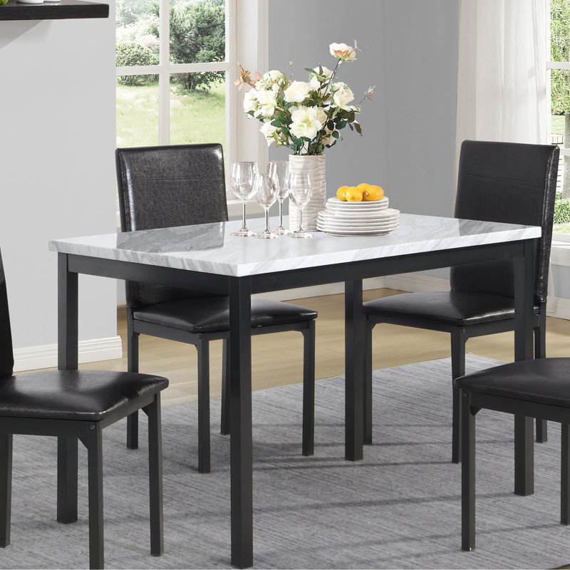 Table de salle à manger en métal avec plateau de protection en faux marbre stratifié, noir. Convient pour une salle à manger élégante / petit-déjeuner. 30 po x 48 po 30 po h. Assemblage requis Revêtement noir. Pour les espaces restreints