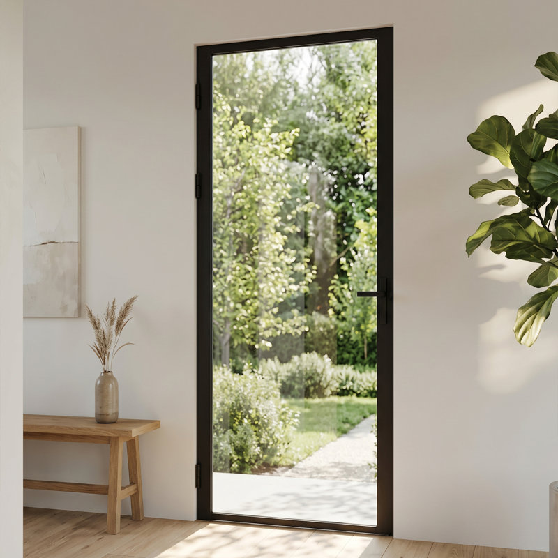 32" × 80" Matte‑Black Aluminum Full‑Lite Clear Tempered Glass Interior Door, Reversible Swing Single Glass Door, 32" × 80"