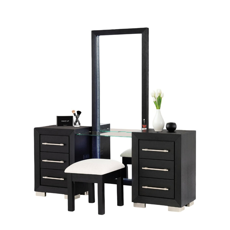 Meuble-lavabo contemporain avec tabouret, finition noire, glissières à roulement en pin, prise de courant, plateau et tabouret en verre de 8 mm, conception, 5 tiroirs et plus, bois d'ingénierie, miroir à DEL tactile