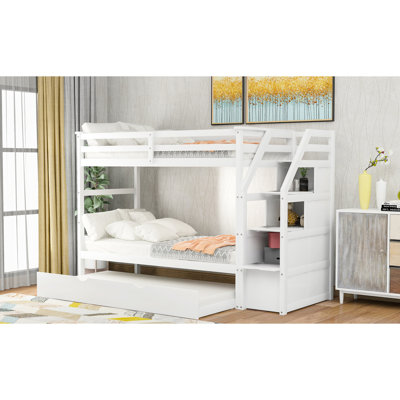 Lit superposé Twintwin avec lit gigogne et 3 escaliers de rangement blancs - Répond aux besoins de l'artisanat grandissant