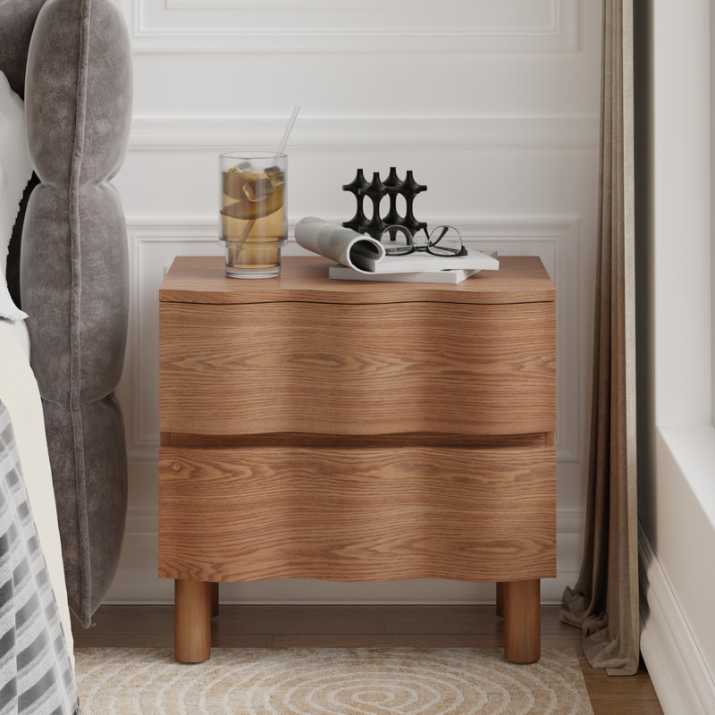 Farmhouse 2-Drawer Nightstand With Wave Design Front In Brown, Brown