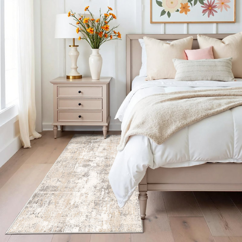 Tapis abstrait lavable à la machine avec envers en caoutchouc antidérapant Elroy, Tapis de couloir 2 pi x 6 pi, Beige gris