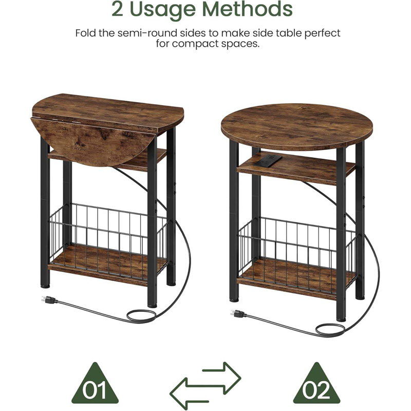 Narrow Side Table With Power Outlet And Storage Basket, 3-Tier Slim End Table With Folding Top, Multi-Functional Accent Furniture For Living Room, Bedroom, Rustic Brown TBZ10UBF