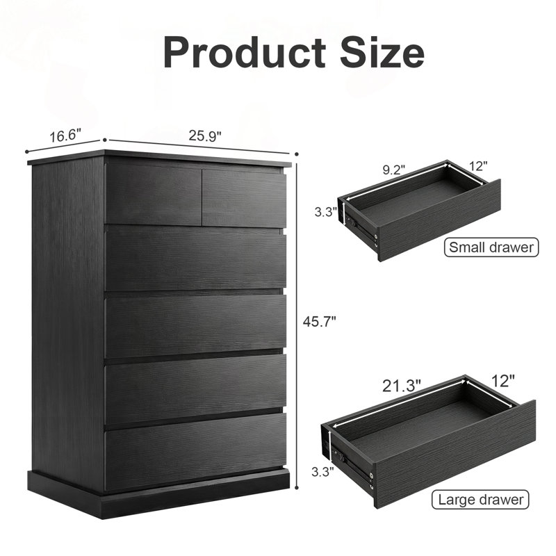 Commode haute 6 tiroirs avec poignées dissimulées, Black