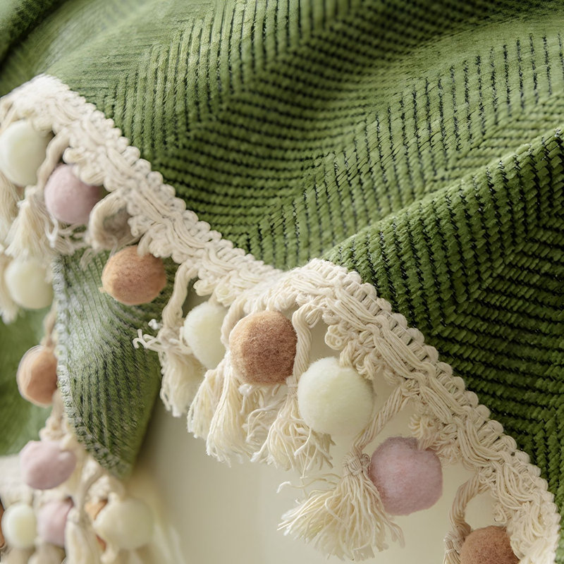 Chenille Sofa Cover With Tassel Ball, Durable, Stain Resistant