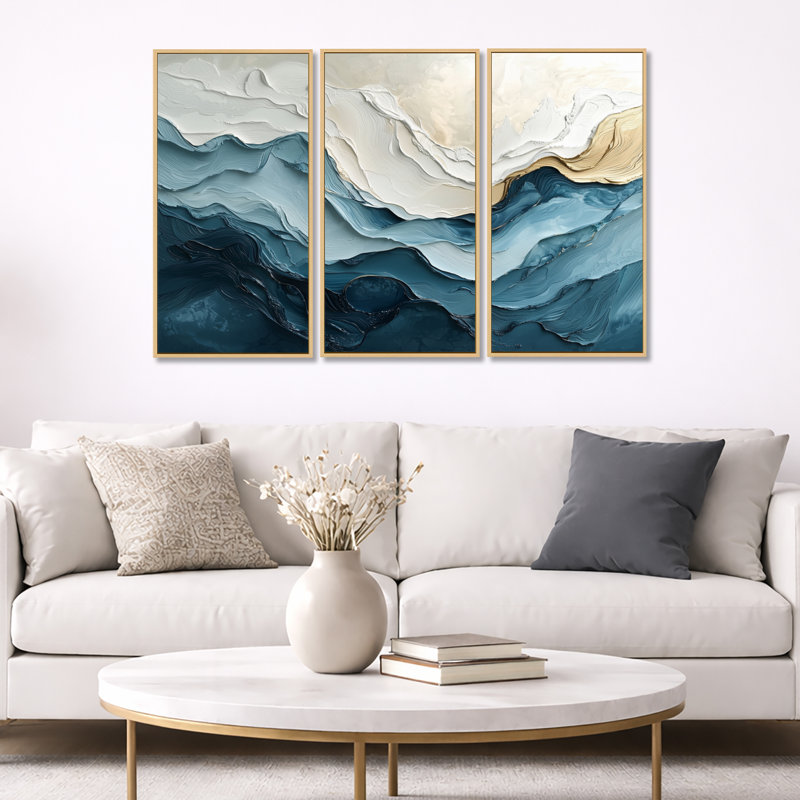 Ensemble 2 pièces d'art mural «White and Blue Marble Wave II», Toile naturelle avec cadre flottant