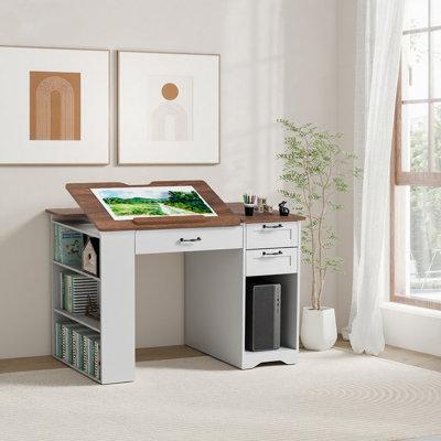 Table à dessin brune avec planche à dessin inclinable et tiroirs de rangement, bureau d'art réglable pour la peinture, les croquis et le bureau personnel