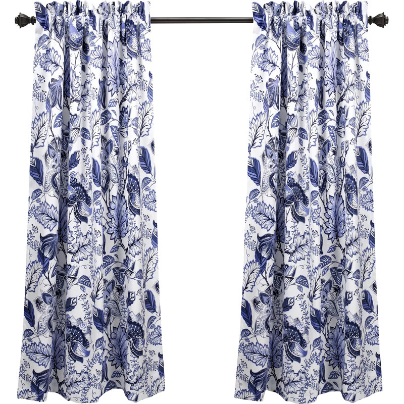 Blue Floral Jacobean Polyester Room Darkening Window Panels