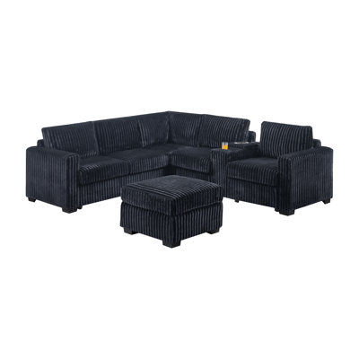 Contemporary Style L-Shaped 4Pc Sectional Set USB Cup Holder Loveseat Cushion Back Plastic Legs Cocktail Ottoman Square Arms Black Finish Primary Living Room
