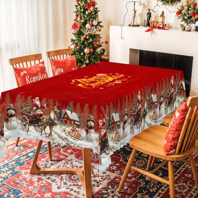 1pc round/rectangular polyester tablecloth, Christmas tablecloth with pine, snowman, truck, embosed edge, Christmas decorations for dining table, festival party holiday table decoration, perfect festival gift