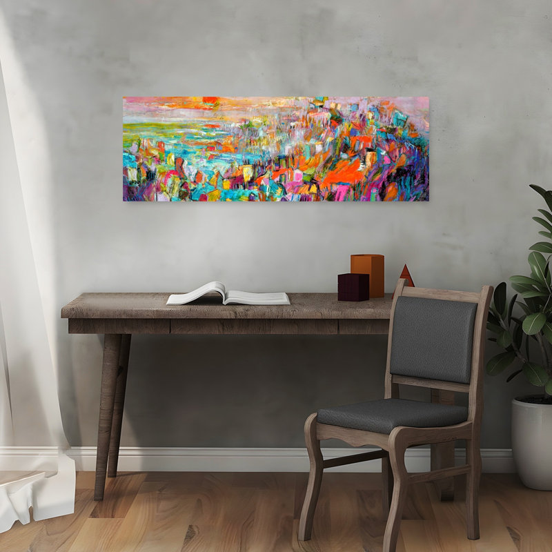 Île au soleil couchant abstrait, ville vibrante et côtière, art mural, H 36 po x l 12 po
