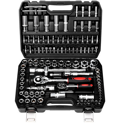 108 Pcs Mechanic Socket Tool Kit, CR-V Steel Metric and Standard 1/4" & 1/2" Ratchet set, Universal Joint, Extension Bars,Adapter,Ratchet Wrench,Socket Set for Car