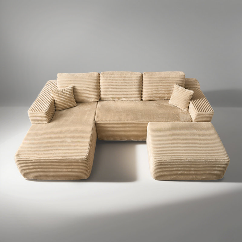 Canapé modulaire en forme de L de 106 po avec repose-pieds Seren Boneless, Fausse fourrure beige