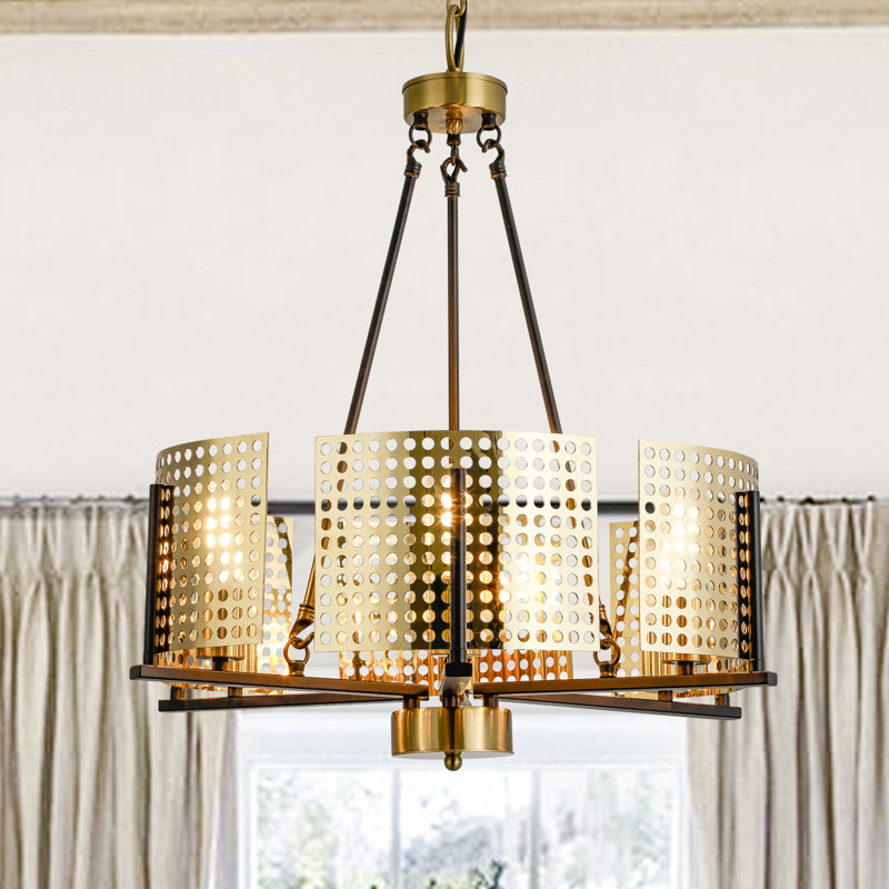 Lustre cylindrique unique et remarquable à 6 lumières de style bougie avec accents en fer forgé