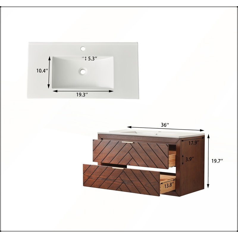 Meuble-lavabo mural simple flottant pré-assemblé de 36 po avec comptoir en céramique à 1 trou pour une installation facile et un rangement efficace