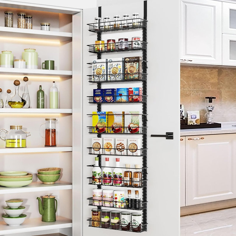 Over The Door Pantry Organizer Rack With 9 Adjustable Baskets, 9 Tiers Dual-use Hanging Or Wall Mount Spice Rack Organizer, Black