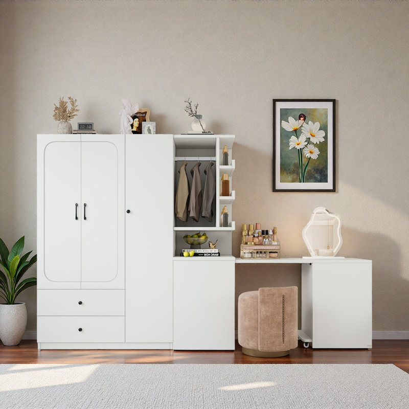 Armoire multifonctionnelle avec 2 portes, tringle, bureau convertible, tiroirs de rangement et tablettes ouvertes, Blanc