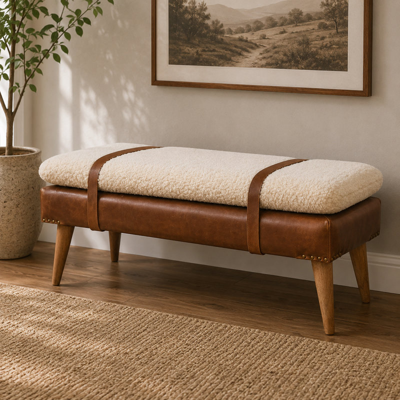 Banc en bois massif avec garniture cloutée, Brun / Beige / Crème
