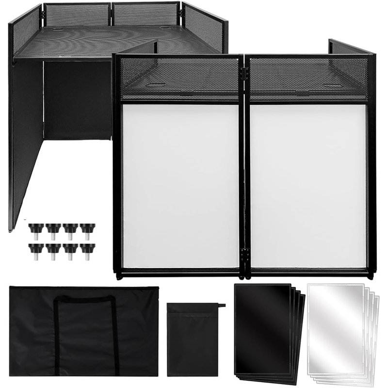 Support portatif et pliable pour table et pieds de table avec pieds réglables, structure en métal noir, façade d'événement facile à assembler