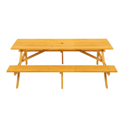 Brown Wooden Picnic Table For 8, With 2 Seats And Built-In Benches, Creating A Festive Outdoor Camping Garden Atmosphere Integrated Dining Option