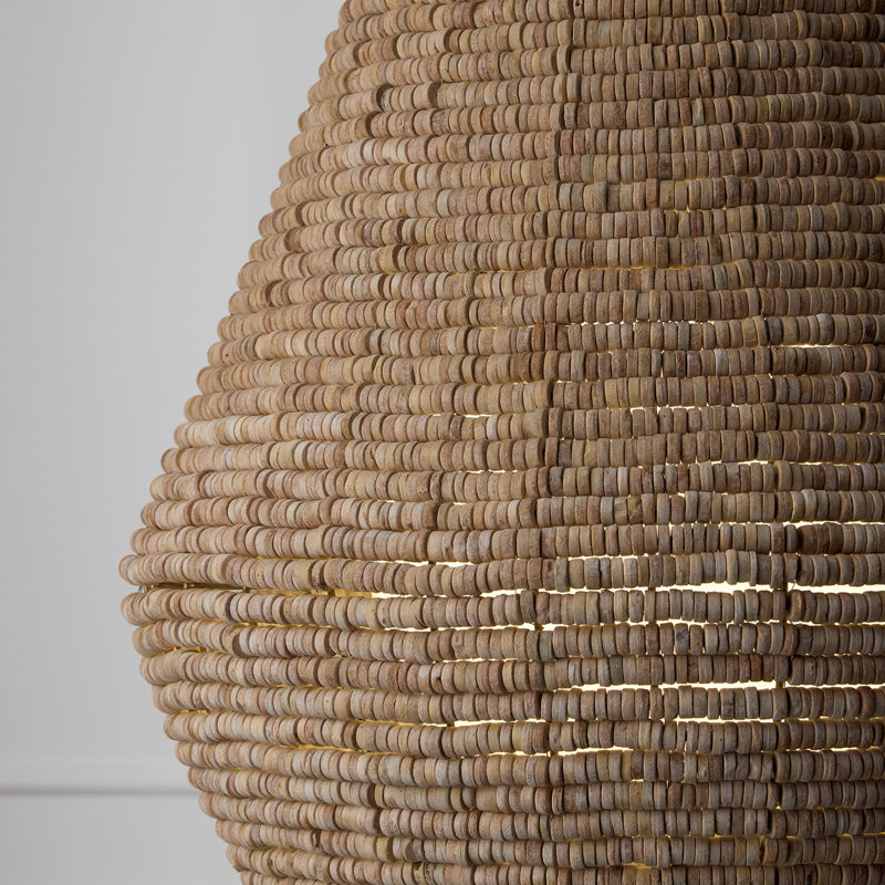 20" W x 30.5" H 1-Light Intricate Beaded Teardrop Pendant with Handcrafted Wooden Beads in Light Fawn and Matte Brass with Inner Glass Globe and Decorative Designer Chain